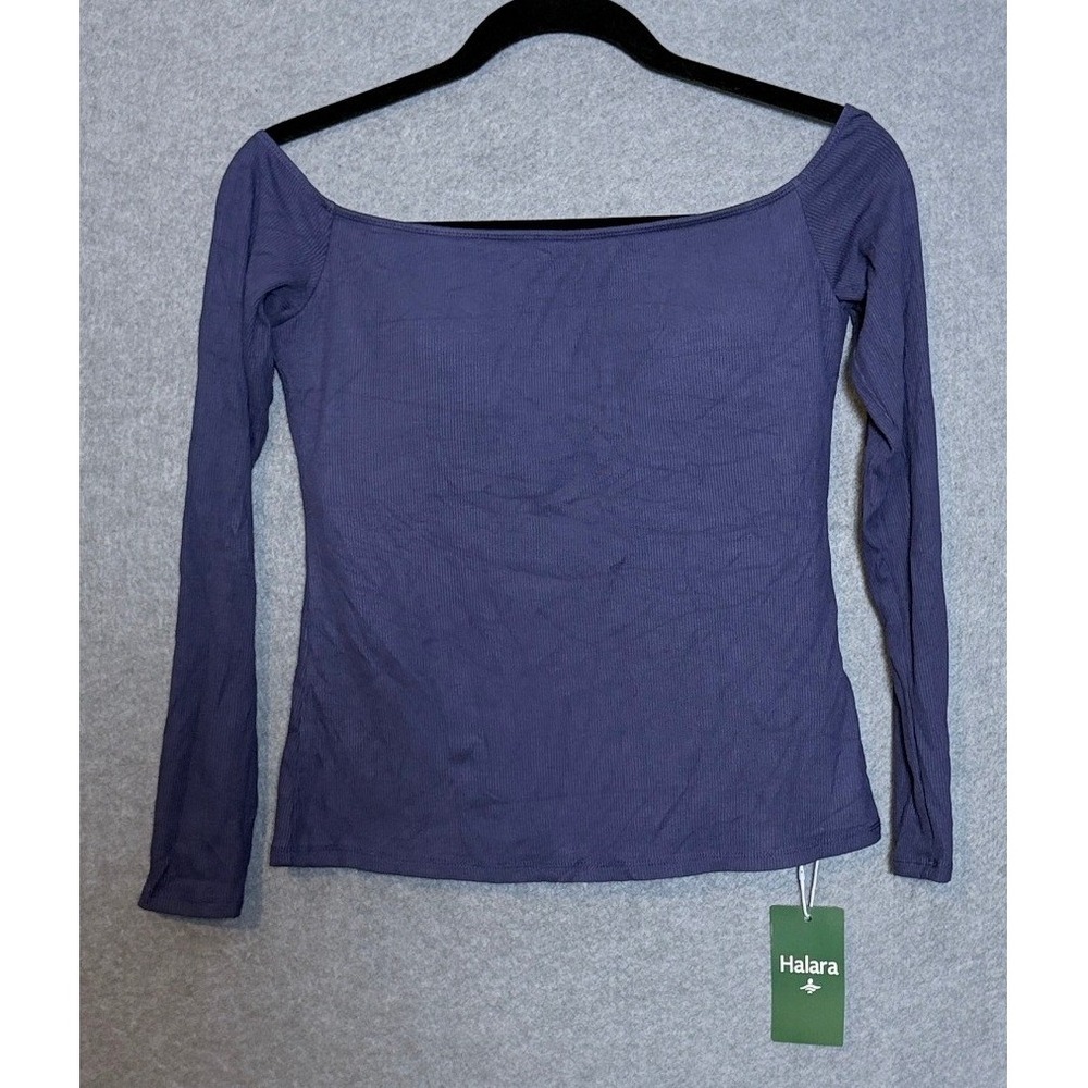 Halara Off-The-Shoulder Top M Navy Long Sleeve Ribbed Coquette Y2K Balletcore